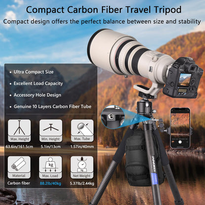 Compact Carbon Fiber Tripod – Heavy Duty 40mm Leg Tubes, Max Height 63.6in/162cm, Stable and Lightweight Travel Stand for DSLR, Video Cameras, Max Load 40kg, Portable for Photography Video Shooting