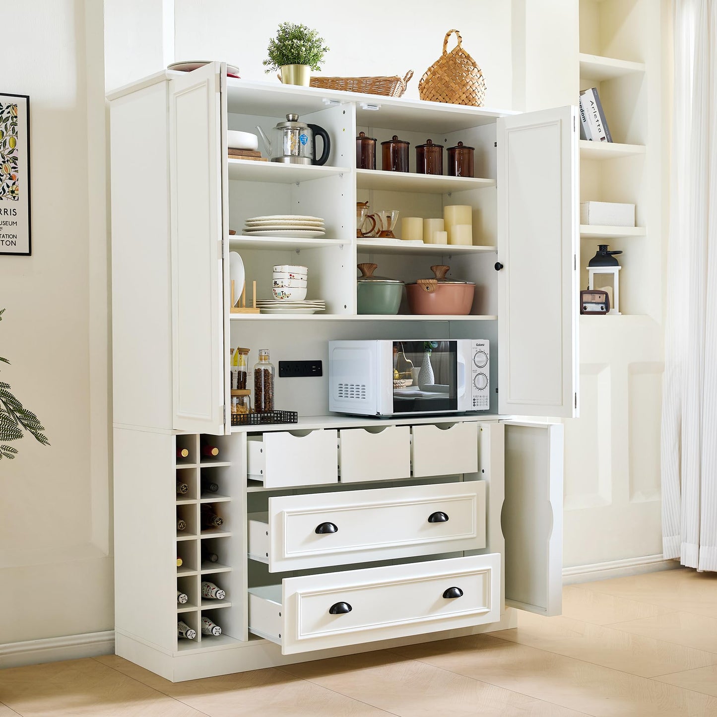 Merax Farmhouse 71" Large Kitchen Pantry Cabinet with Power Outlet, 53.2" Wide Storage Cupboard with 4 Foldable Doors, Adjustable Shelves, Wine Racks & Serving Trays, for Dining Room, White