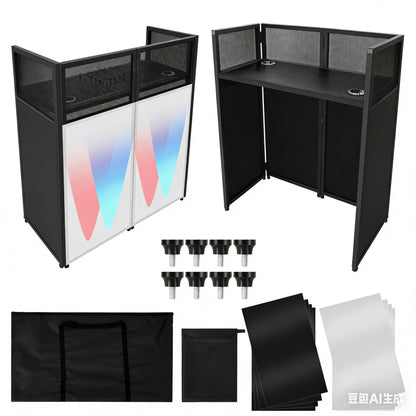 DJ Facade Portable Booth Table with White & Black Lighting Scrim,50" L X 25" W DJ Stand Booth,Foldable DJ Table Station with Adjustable DJ Event Facade Feet for Party, Black Metal Frame