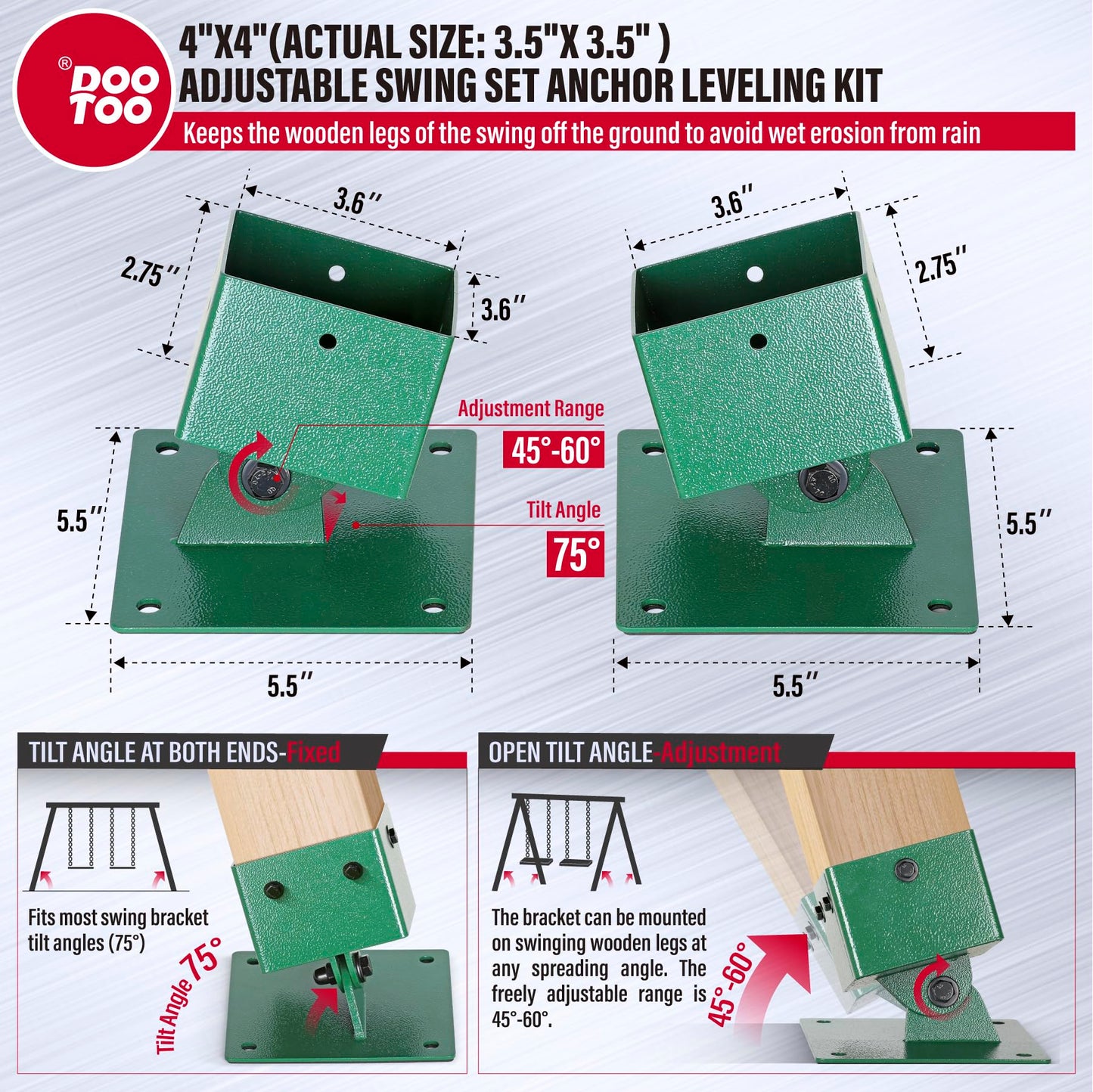 DooToo Swing Bracket Kit, Stainless Steel 2-Pack A Frame Swing Brackets and 4-Pack Adjustable Swing Set Brackets,for Outdoor & Backyard (Green)