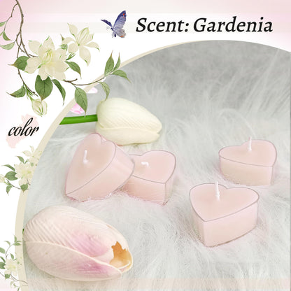 Pink Heart Tea Lights Set of 24, Handmade Tealight Candles with Gardenia Scent, Long Burning Tea Candles, Tealights for Wedding Meditation Home Spa Decor Gift