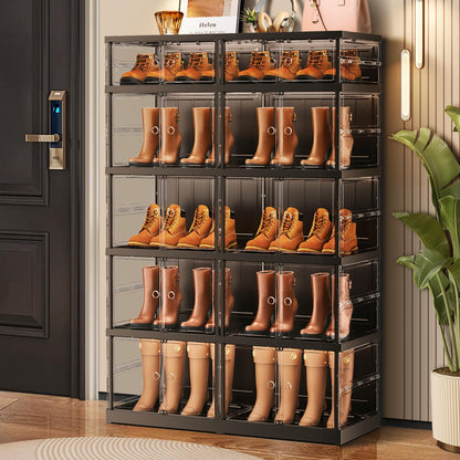 CIMLORD 5-Tier Foldable Shoe Rack for Closet Entryway 10-20Pairs,Stackable Clear Shoe Storage Boxes Organizer with Door Plastic Shoe Cabinet Bins with Lids Shoes Shelf Easy Assembly Large Black