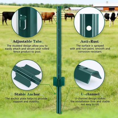 Gtongoko 10 Pack 6FT Heavy Duty Metal Fence Posts, Green U Channel No Dig Fence Stakes with Anchor Plate, 14 Gauge Steel Posts for Wire Fencing, Garden Protection, Animal Barrier, Yard & Farm Boundary