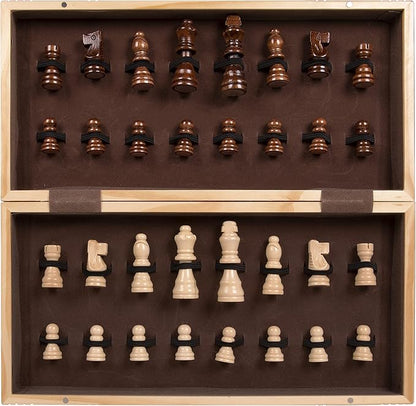Premium Wooden Chess Set 15.7 Inches Chess Board Game Set for Adults - Folding Board - Pieces Storage Slots Handmade Portable Travel Chess Game - Beginner Chess Set for Kids 6 up Age