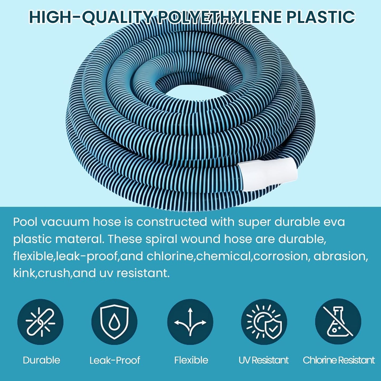 POOLWHALE Swimming Pool Vacuum Hose - 1.5-Inch x 30-Feet with Weighted Handle & Wheels for Easy Use
