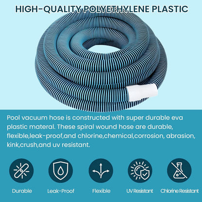 POOLWHALE Swimming Pool Vacuum Hose - 1.5-Inch x 30-Feet with Weighted Handle & Wheels for Easy Use