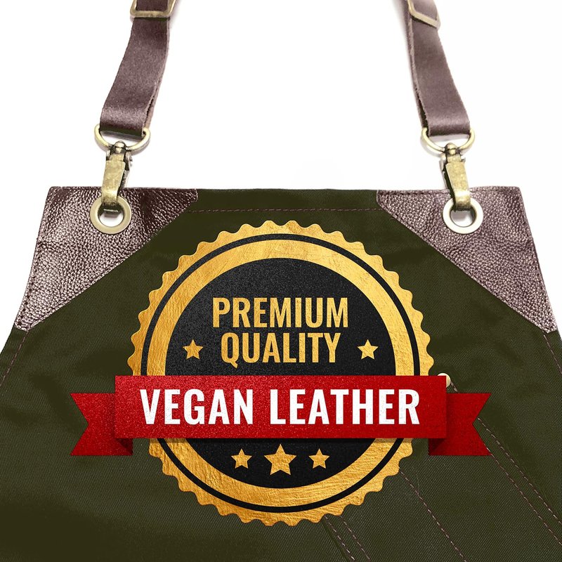 Under NY Sky Barista Apron - Brown Leather Straps and Reinforcement - Riveted Pockets - Double Stiched - Leather Ring Loop - Professional Green Twill - Double as Half Bistro Apron - Chefs, Bartender