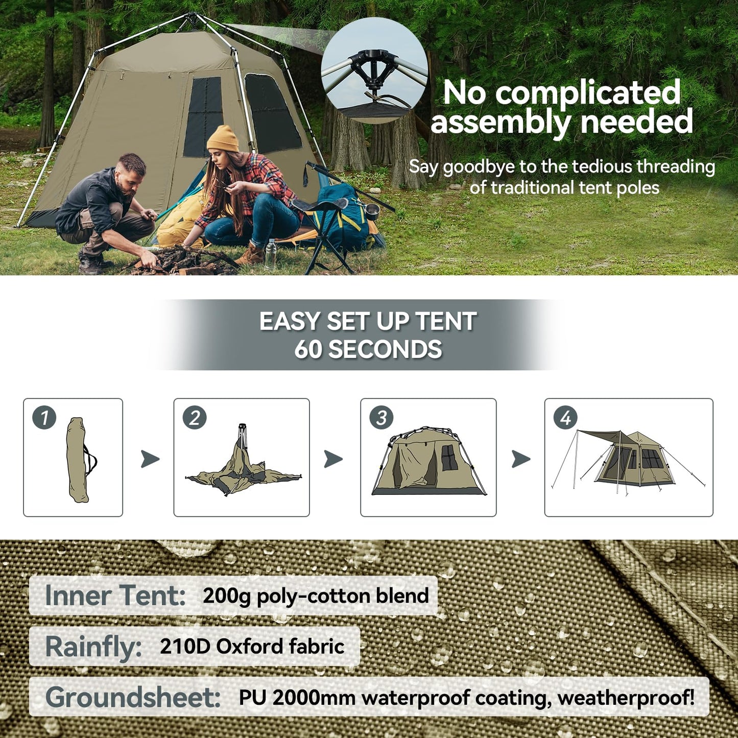 Instant Pop-Up Camping Tent with Removable Sunshade - 3-4 Person Dome Tent with UV Protection & Ventilation, Waterproof Windproof for Beach, Hiking, Outdoor. (Olive)