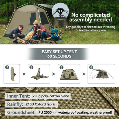 Instant Pop-Up Camping Tent with Removable Sunshade - 3-4 Person Dome Tent with UV Protection & Ventilation, Waterproof Windproof for Beach, Hiking, Outdoor. (Olive)