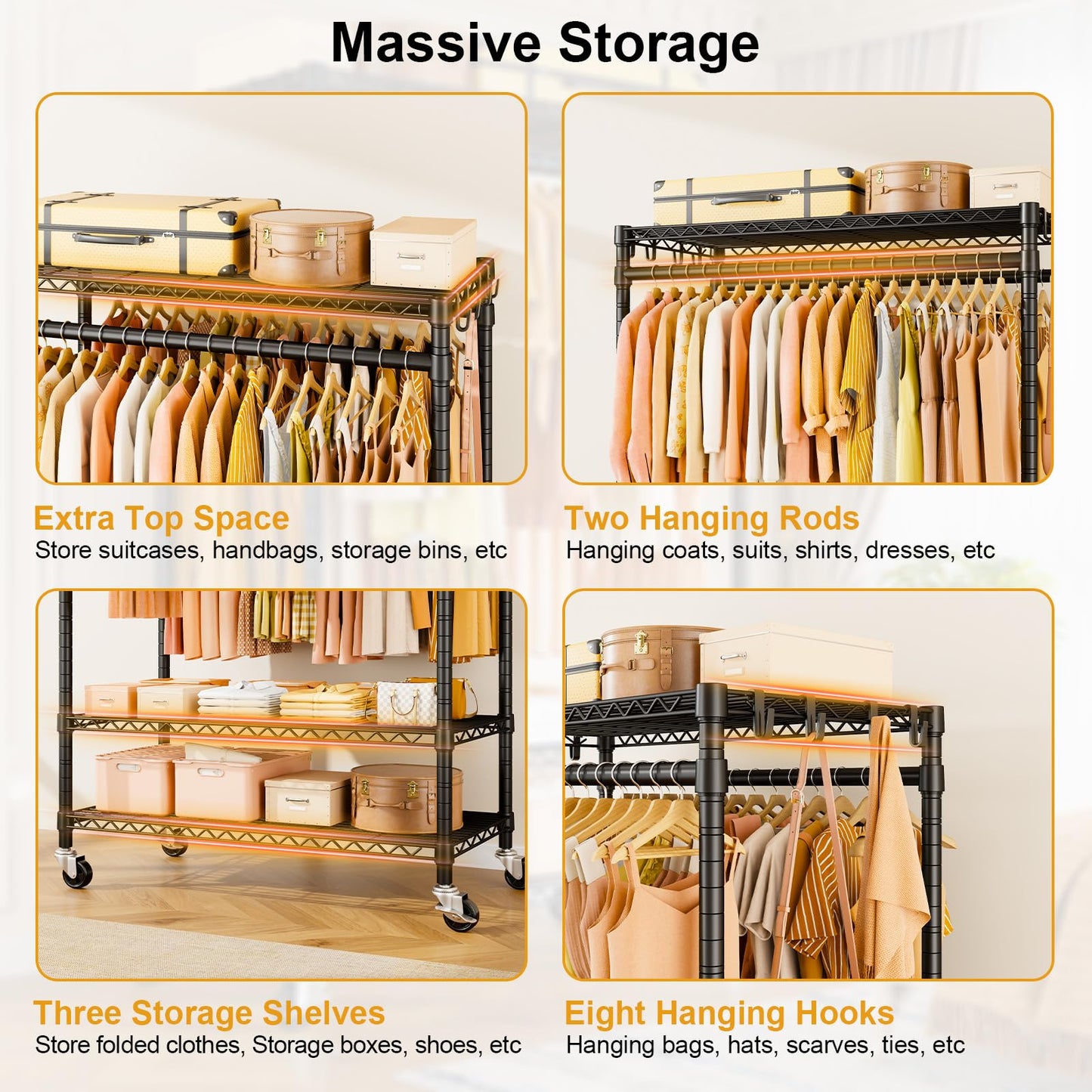 ULIFHOME P7 Rolling Clothes Rack, Clothing Racks for Hanging Clothes, Heavy Duty Garment Rack with Wheels, 3 Tiers Freestanding Portable Closet Rack 45''W × 20.5''D × 80.5''H, Max Load 480 lbs, Black