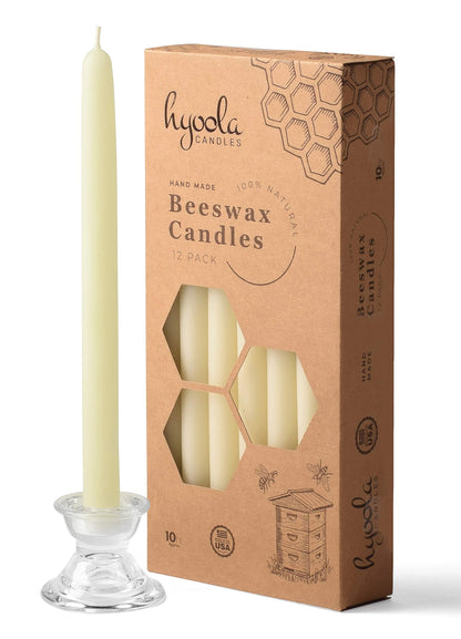 Hyoola 10" Beeswax Taper Candles 12 Pack - Handmade, All Natural, 100% Pure Unscented Bee Wax Candle - Tall, Decorative, White - 10 Hour Burn Time