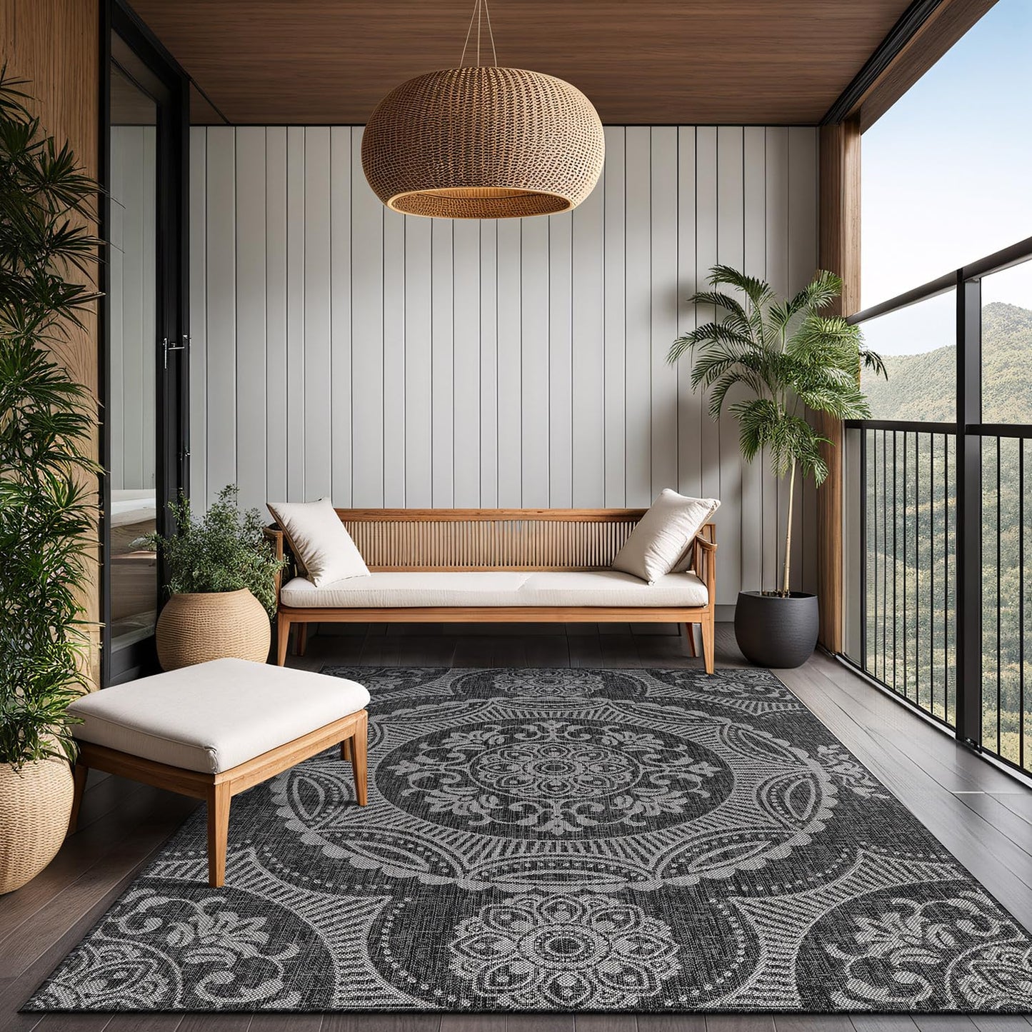 Luul Home Medallion Outdoor Rug 9x12 Washable Outside Carpet for Indoor Patio Porch Waterproof Easy Cleaning Non Shedding Area Rugs Dark Gray 9 x 12