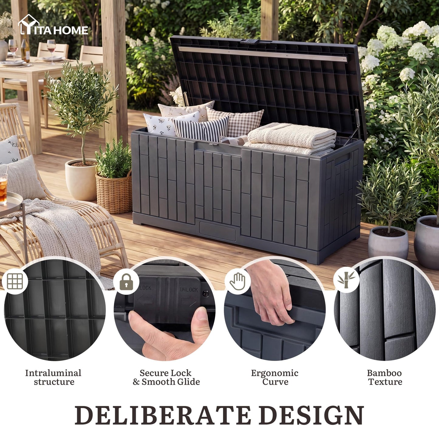 YITAHOME Large Deck Box 120 Gallon Resin Outdoor Storage Box with Slide-Locking Lid, Patio Storage Bin Bench Seat for Outdoor Pillows, Garden Tools and Pool Supplies, Waterproof Lockable, Dark Gray