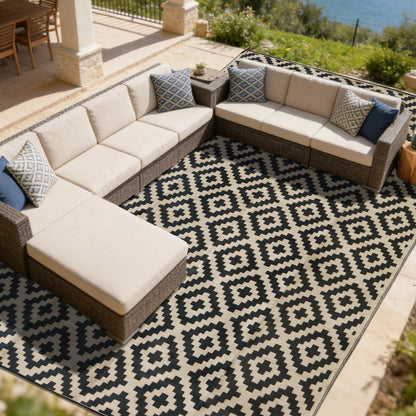 SAND MINE Waterproof Outdoor Rug 10x20 ft, Plastic Reversible Rug, Modern Area Rug, Large Floor Mat for Outdoors, RV, Patio, Backyard, Deck, Picnic, Beach, Camping, Black & Beige