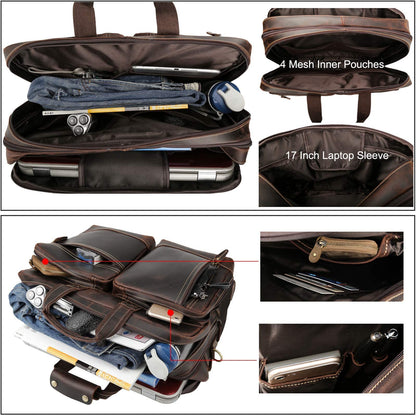 Masa Kawa Leather Briefcase for Men Expandable Large Vintage 17 Inch Laptop Messenger Bag Crossbody Shoulder Business Travel Duffel Bags Attache Case