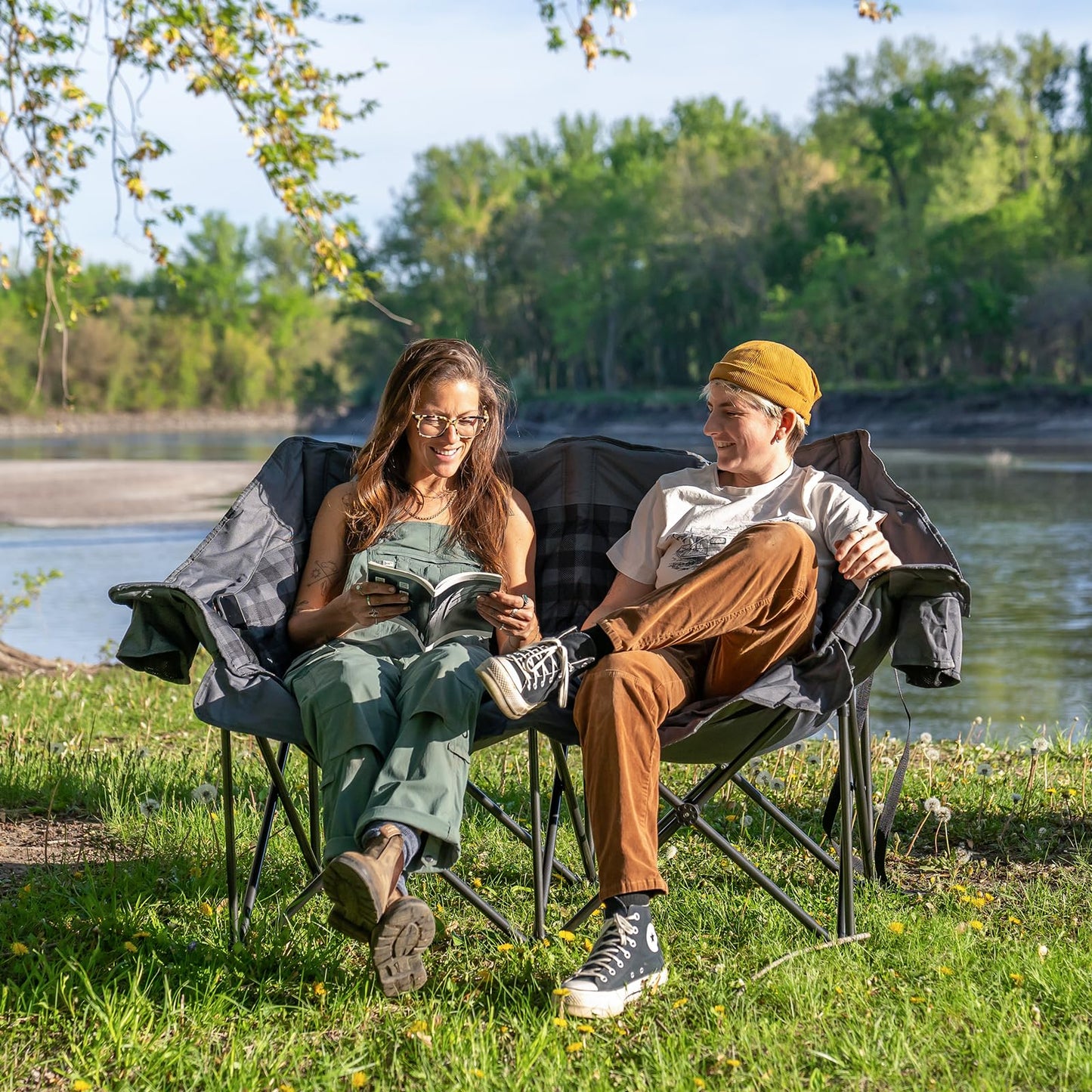 Double Camping Chair Padded 2 Person Camping Chair Camping Loveseat - Heavy Duty Oversized Camping Couch for Adults Outdoor Lawn Beach - Portable Folding Sofa with Cup Holders and Carry Bag, Grey