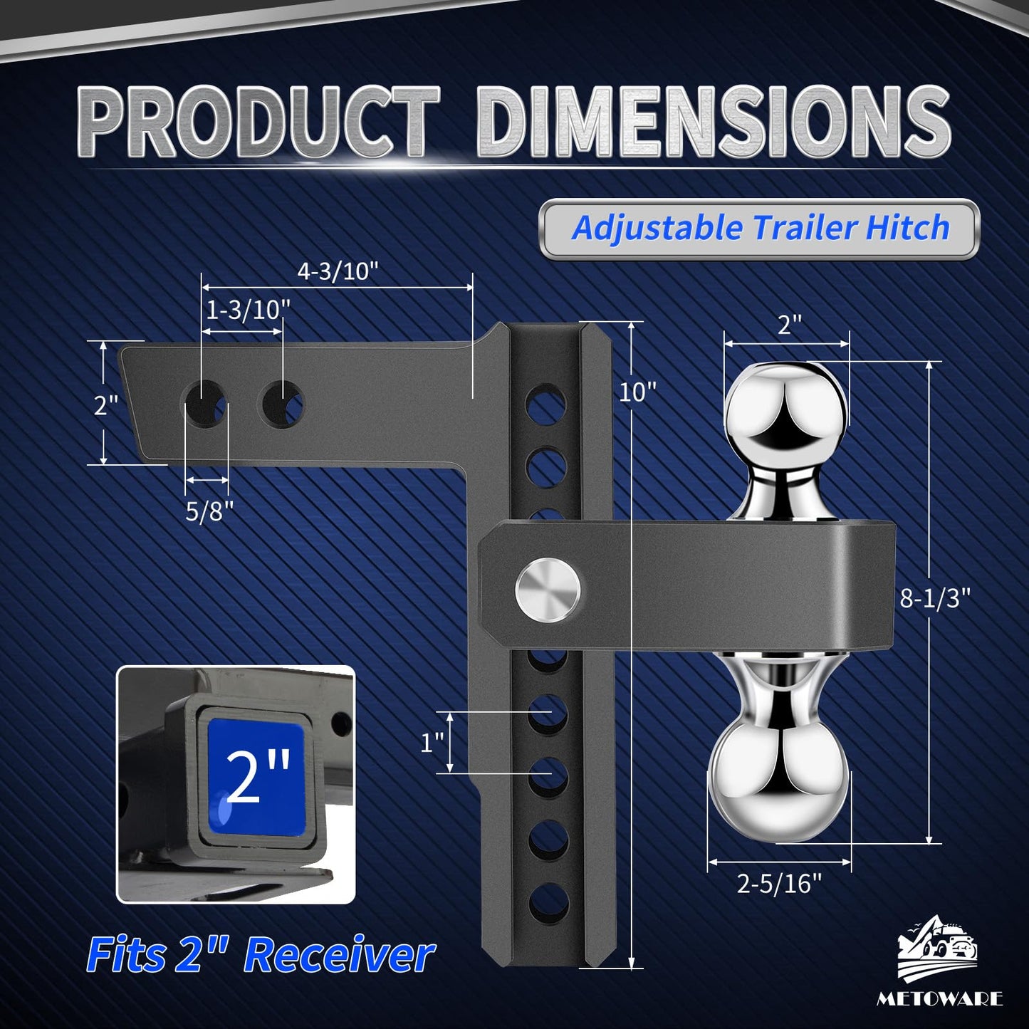 METOWARE Adjustable Drop Hitch - Aluminum Tow Hitch Fits 2-Inch Receiver - Heavy Duty Trailer Hitch with 8-Inch Drop/Rise for Truck (12,500 LBS GTW), Double Anti-Theft Stainless Steel Pin Locks(Black)