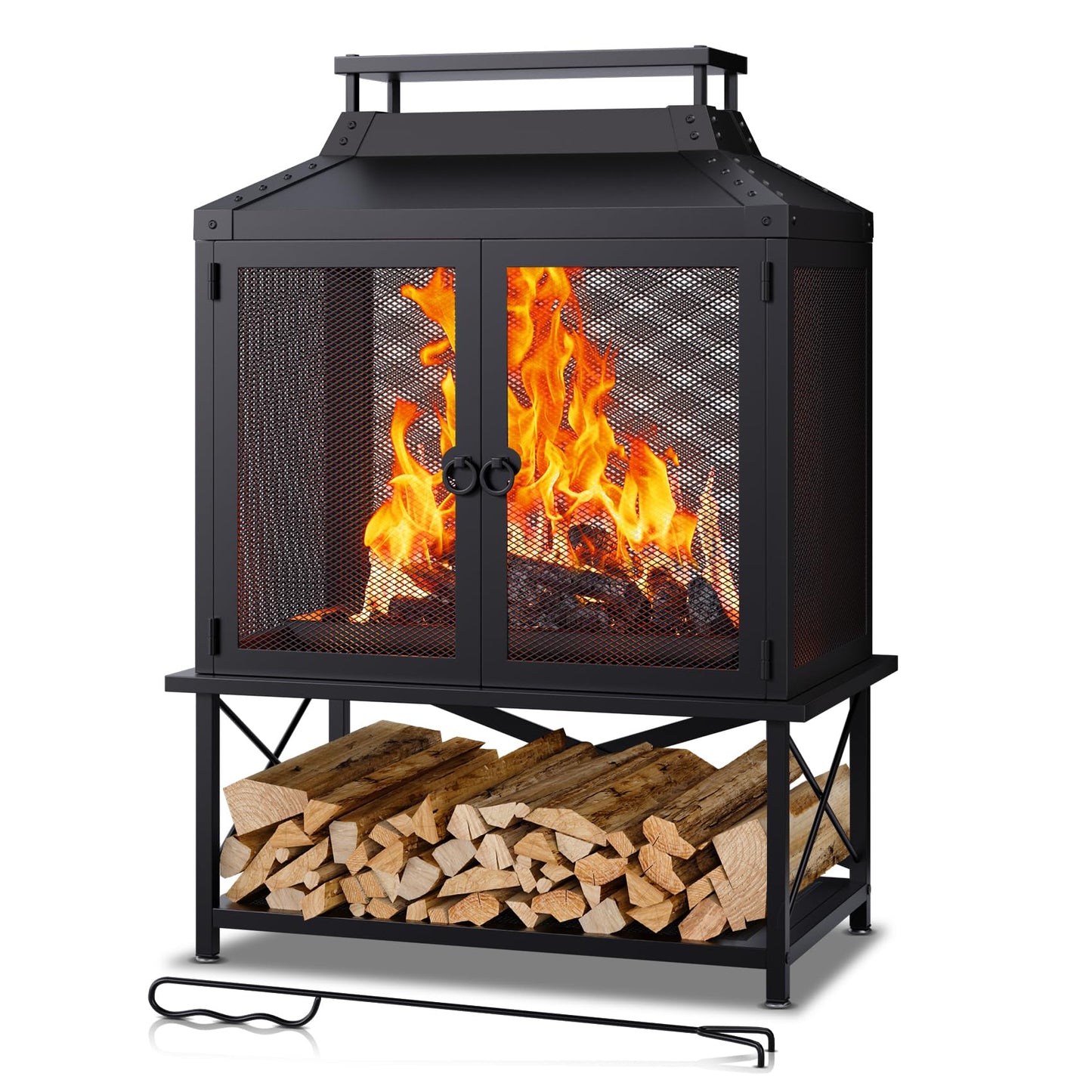 VELUVIA Metal Outdoor Fireplace for Patio - 39" H Square Chiminea Fire Pits Outside Wood Burning with Grill, Mesh Spark Screen & Fire Poker, for Garden, Backyard, Party, Camping, Picnic, BBQ, Bonfire