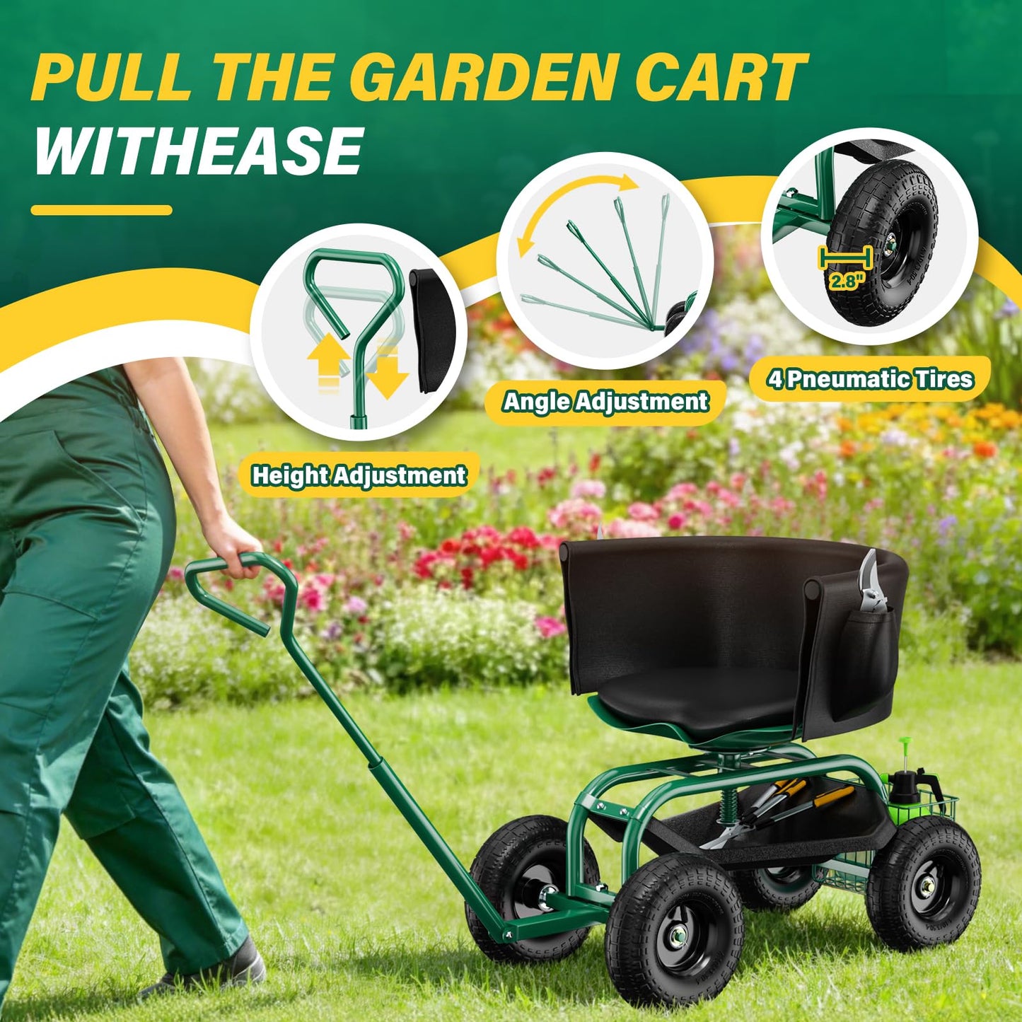 Baotree Garden Seat with Wheels, Rolling Garden Stool with Adjustable 360°Swivel Seat, Storage Basket & Extendable Handle, Outdoor Gardening Scooter, Garden Cart Workseat Stools for Seniors