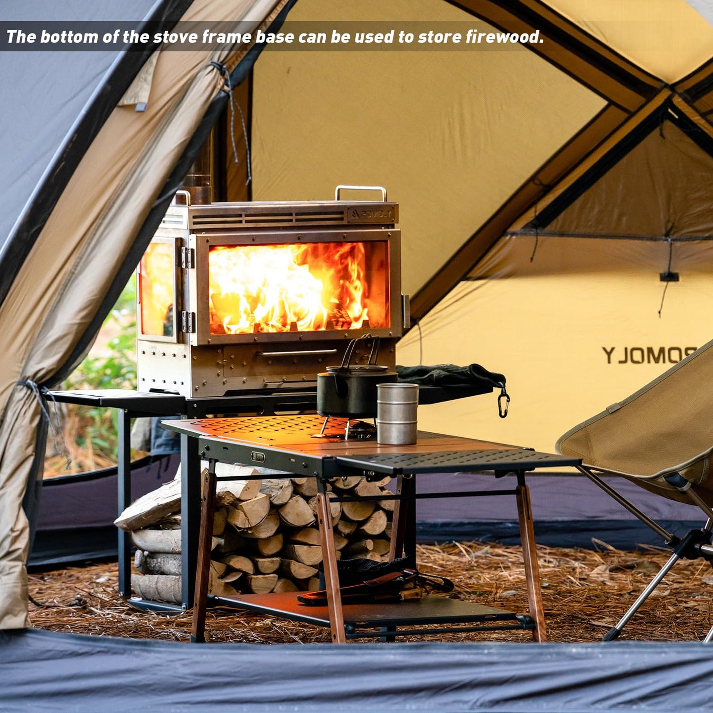 POMOLY Camping Tent Stove Wood Stove, Dweller Ultra 4 Stainless Steel Wood Burning Stove and Stove Frame Base for Cooking, Heating (with 4 Glasses)