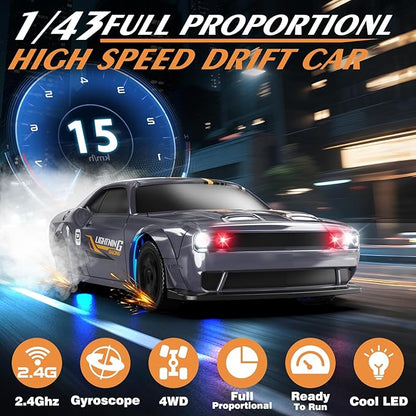 Mini RC Drift Car 1/43 2.4GHz RC Drift Cars with Gyro 4WD Full Proporitonal High Speed Remote Control Car with LED Lights and Drifting Tires Hobby Racing Cars for Adults Kids Boys Sliver
