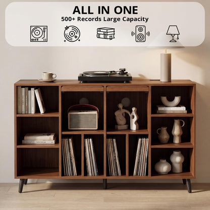 IRONCK Large Record Player Stand 55", Holds 600+ Vinyl Record Storage Cabinet with Charging Station, Mid Century Modern Turntable Stand for Living Room, Bedroom, Brown