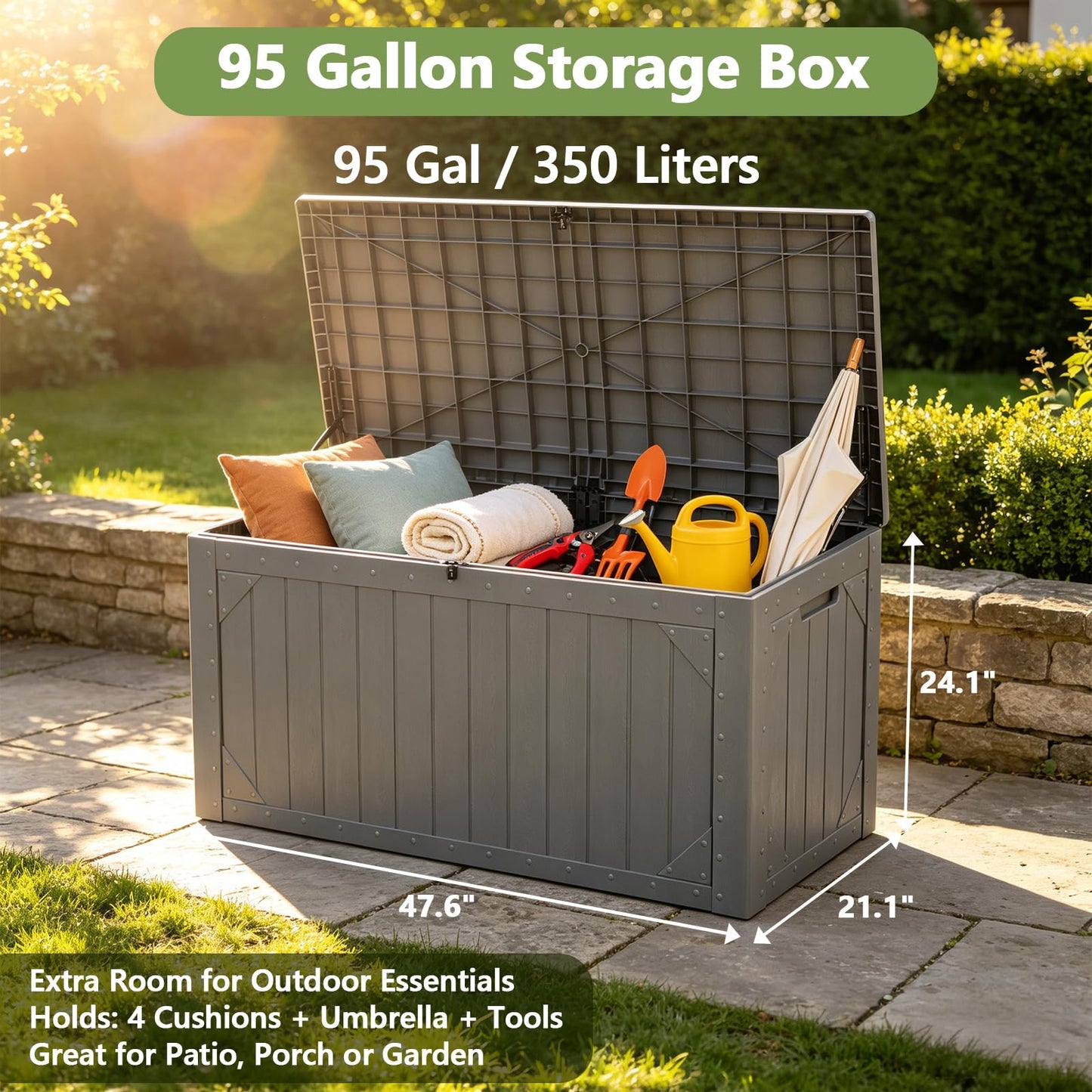 MAKE CHANGES Outdoor Storage Box, 95 Gallon Deck Box Outdoor Storage Bench, Outside Waterproof Resin Storage Bench, Lockable Patio Cushions, Garden Tools Storage for Furniture, UV Resistant (Gray)