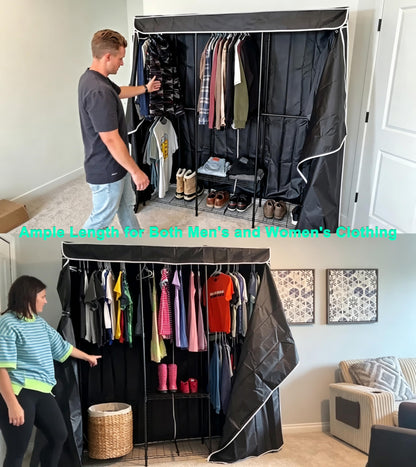 SEMHOR K01C Heavy Duty Clothes Rack with Cover, Freestanding Portable Closet System with Shelves, Adjustable Carbon Steel Garment Rack, Black Clothing Racks for Hanging Clothes, 860LBS Max Load