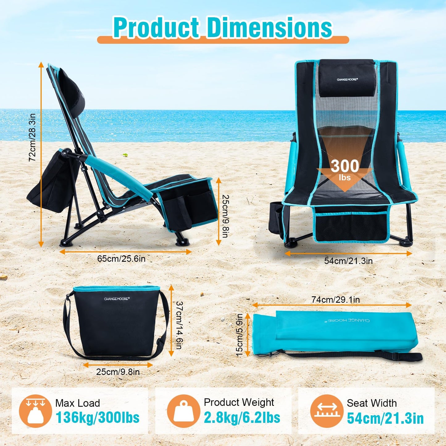 CHANGE MOORE Low Beach Chair with 2-in-1 Cooler Bag, Support up to 300lbs Folding Beach Chairs for Adults 2 Pack with Cup Holder, Removable Pillow & Carry Bag for Outdoor Sand Lawn Picnic Travel Blue