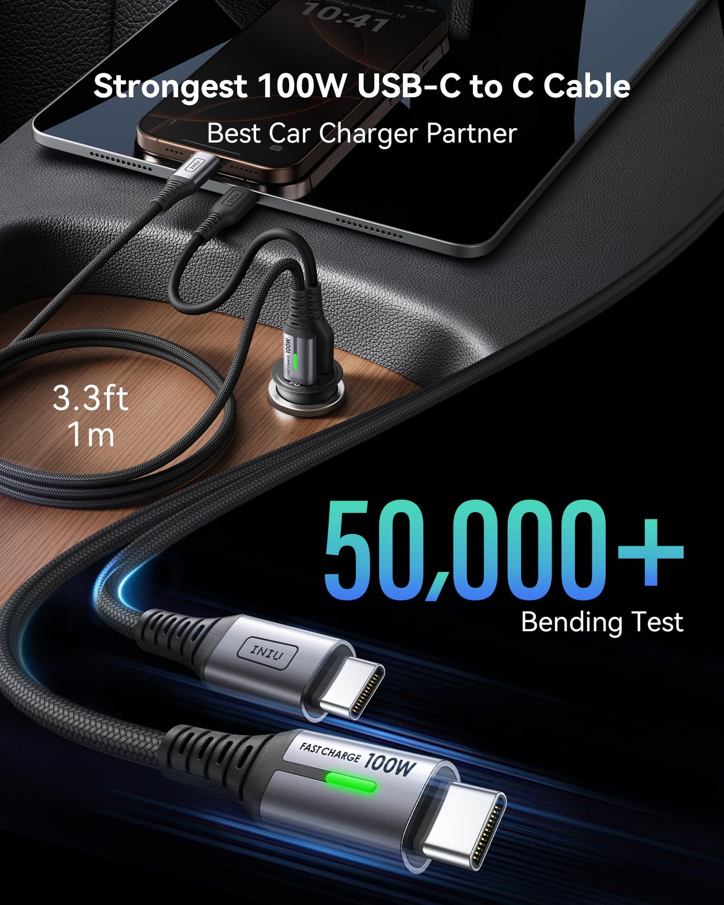 INIU Car Charger, Cigarette Lighter USB Charger Total 60W, 12V USB Socket with [1m] 100W Type C Cable Fast Charge, Car Phone Charge Adapter for iPhone 17 16 Samsung Laptops Switch 2 Car Accessories