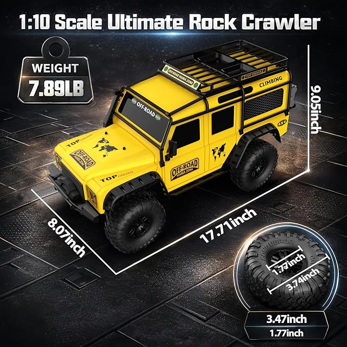 RC Cars RC Crawler 1/10 Scale RTR Remote Control Car 4WD 2.4GHz Brushed Offroad Racing Hobby Grade Model Vehicle with LED Lights 2Pcs Battery Toy for Kids and Adults
