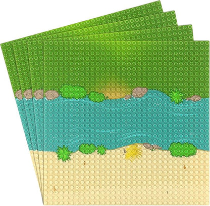 Feleph Classic Baseplate with River and Grassland Pattern 10 x 10 Inches Base Plates for Building Blocks Mat Compatible with Major Brands (Straight 4 Pieces)