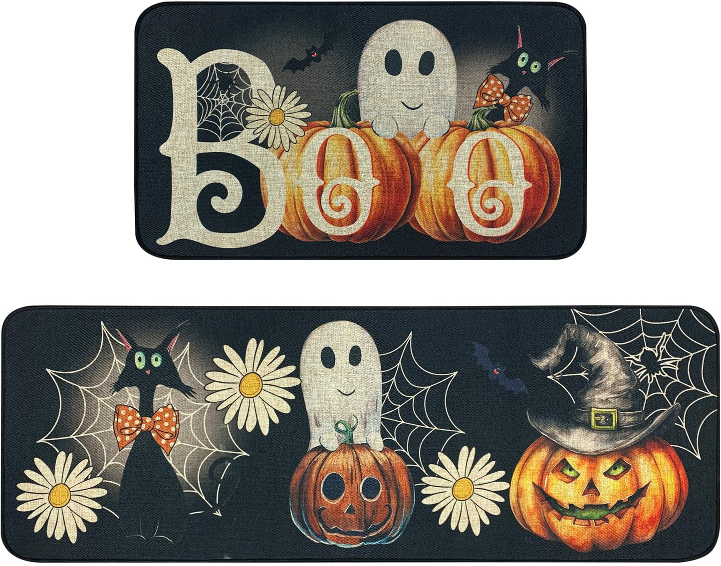 SHIYUE Halloween Kitchen Mat Set of 2, Ghost Pumpkin Boo Kitchen Rugs Farmhouse Modern, Non Skid Rubber Runner Decor Rugs（17x47in+17x30in） Black