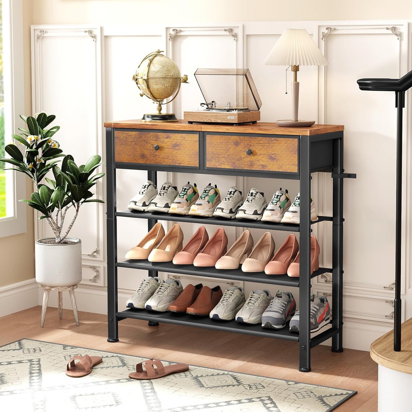 Kitstorack Shoe Rack - 4-Tier Organizer for 9-12 Pairs with 2 Drawers & Wooden Top | Rustic Brown