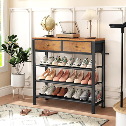 Kitstorack Shoe Rack - 4-Tier Organizer for 9-12 Pairs with 2 Drawers & Wooden Top | Rustic Brown