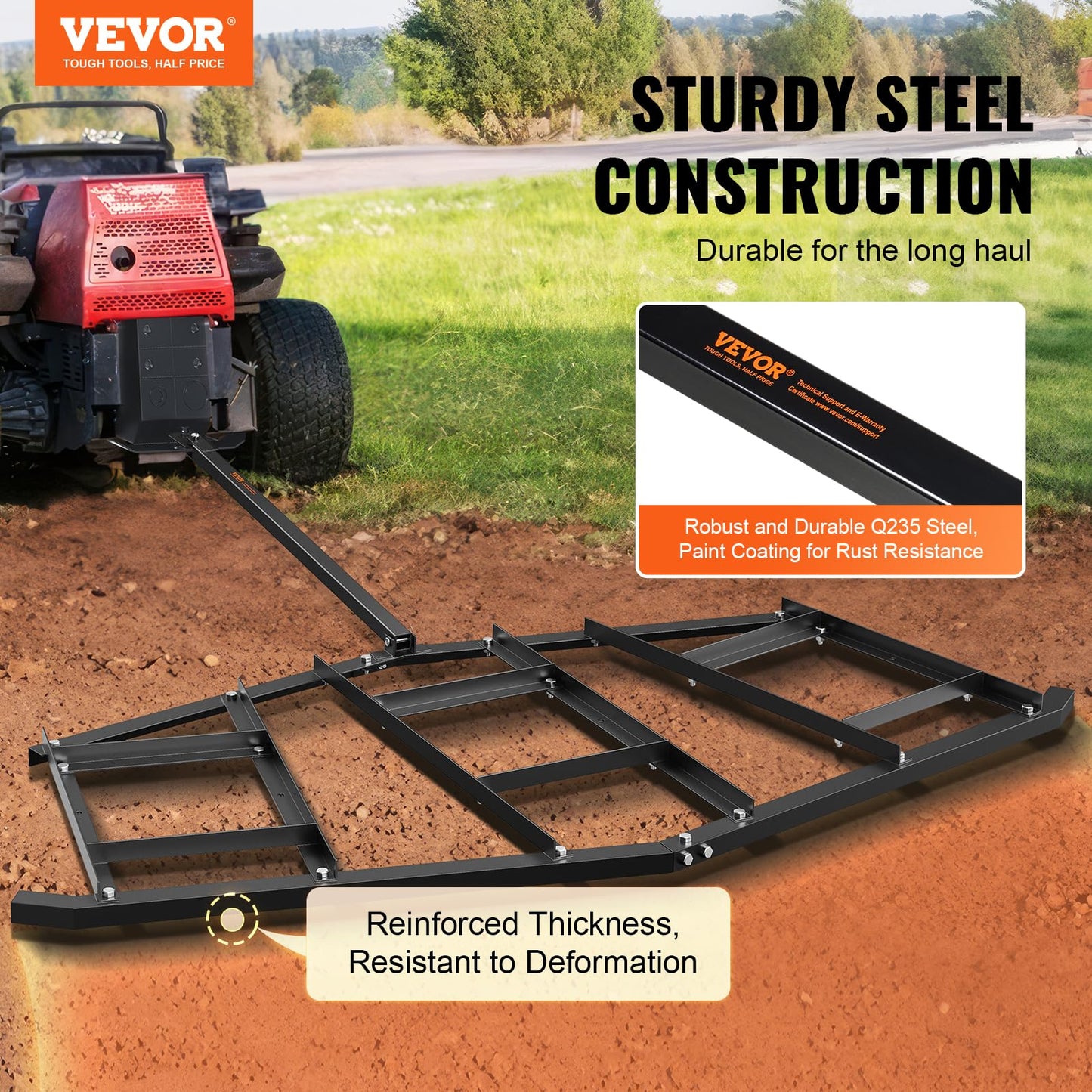 VEVOR Driveway Drag, 84" Width Tow Behind Q235 Steel Grader with Adjustable Bars, Support up to 50 lbs, for ATVs, UTVs, Garden Lawn Tractors, Black