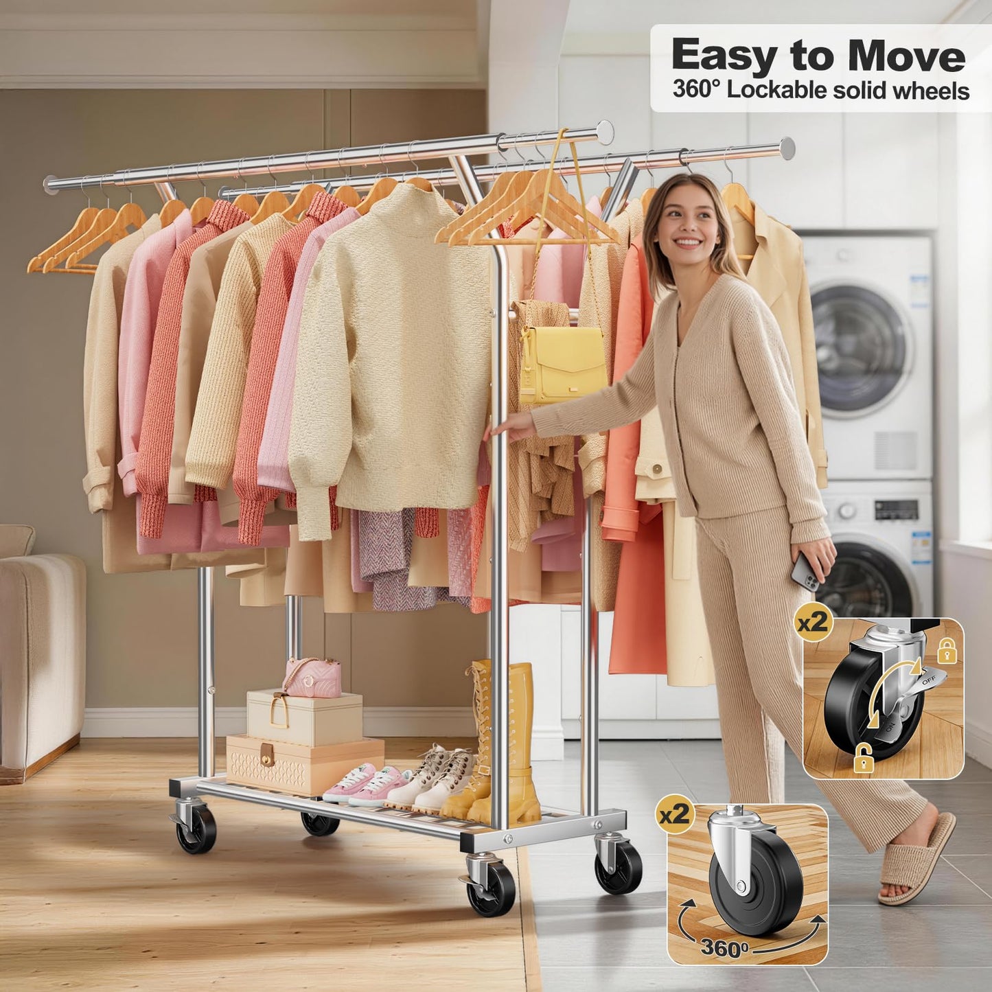 LZNIOZ Heavy Duty Clothes Rack - Load 620 LBS, Rolling Clothing Rack for Hanging Clothes with Lockable Wheels & Shelves, Extendable Double Rod Garment Rack for Bedroom, Laundry, Living Room, Silver