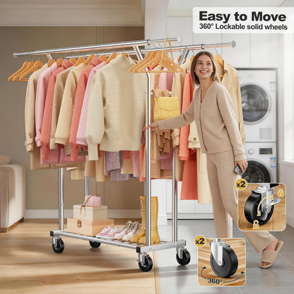LZNIOZ Heavy Duty Clothes Rack - Load 620 LBS, Rolling Clothing Rack for Hanging Clothes with Lockable Wheels & Shelves, Extendable Double Rod Garment Rack for Bedroom, Laundry, Living Room, Silver