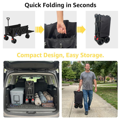 220L Folding Wagon with Detachable 14 Gallon Cooler Bag, Extra Large All-Terrain Heavy Duty Collapsible Beach Wagon Cart with Big Wheels, Foldable Utility Cart for Camping, Tailgate