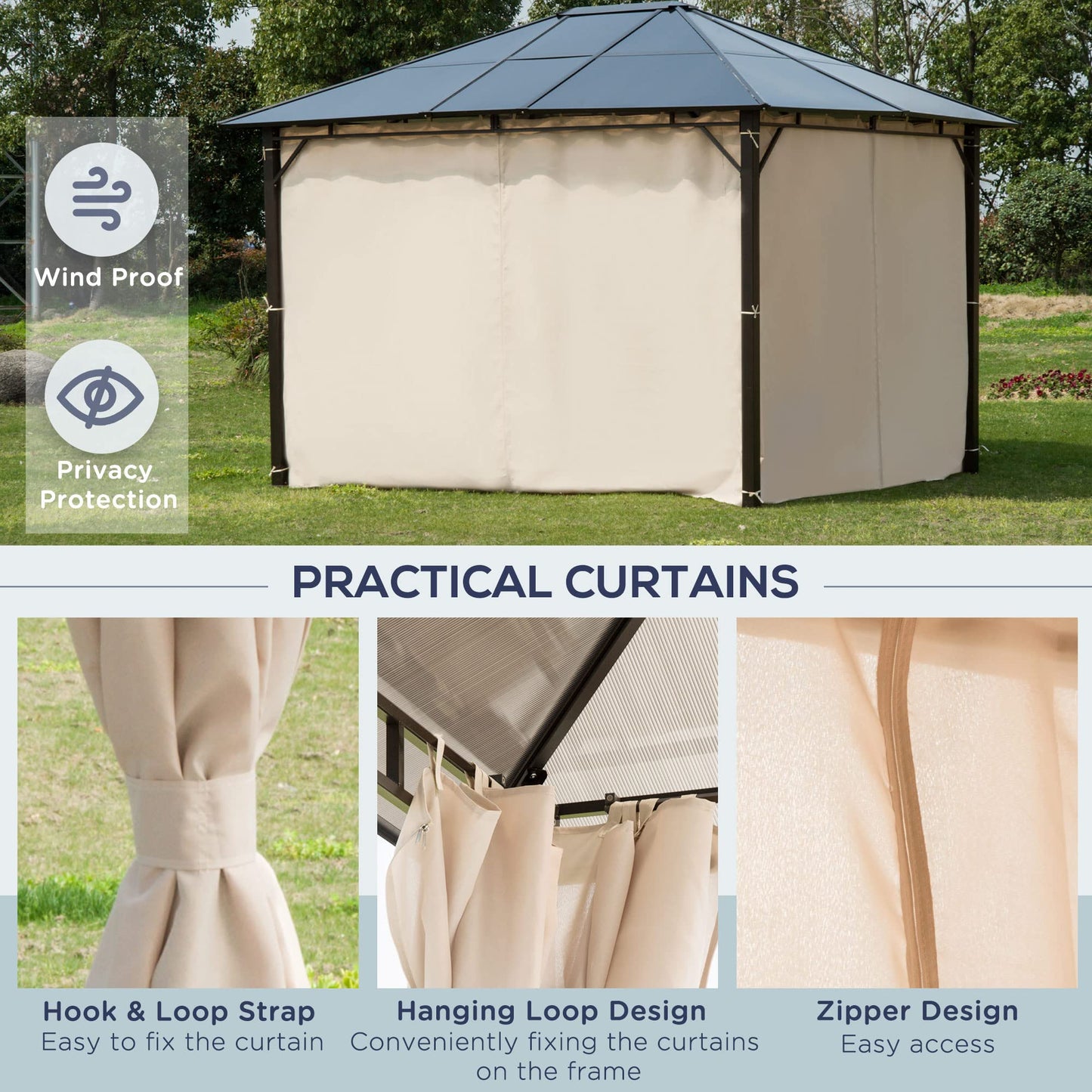 Outsunny 10' x 12' Hardtop Gazebo Canopy with Polycarbonate Roof, Aluminum Frame, Permanent Pavilion Outdoor Gazebo with Netting, for Patio, Garden, Backyard, Deck, Lawn, Black, Beige