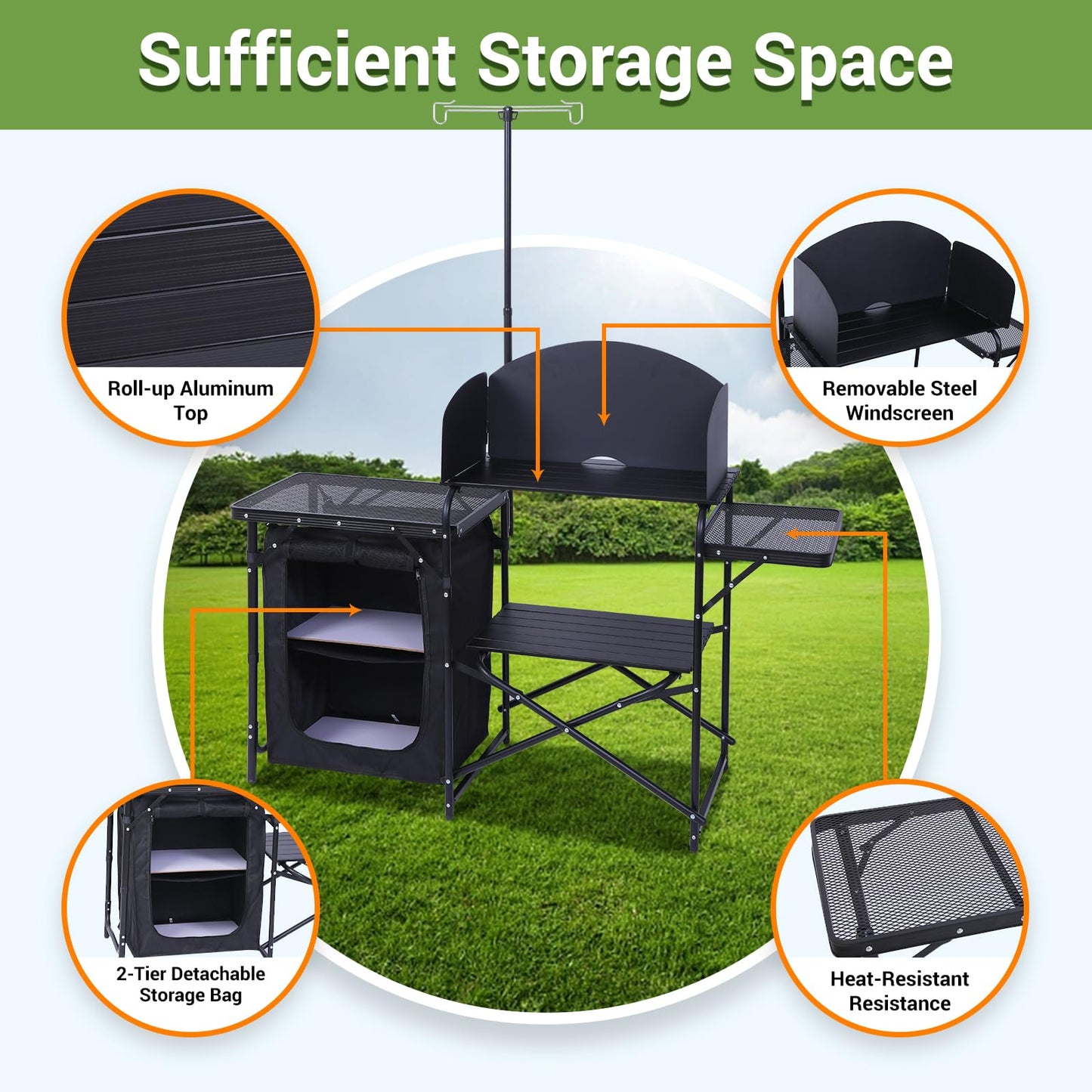 Nice C Camping Kitchen Station, Camping Table, Picnic Table, Portable Grill Table, Folding Cook Table, Upgrade Light Stand and Windshield Station & Organizers, Carry Bag for Beach, Picnic (Black)