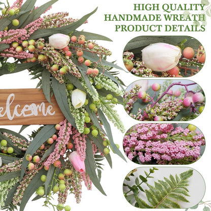 Wreaths for Front Door 20 Inch Spring Summer Tulip Wreath withTulip,Berries,Boxwood and Cattails Welcome Door Wreath, Porch, Window -Green Decor for Home, Farmhouse - Spring, Summer, Fall, All Seasons