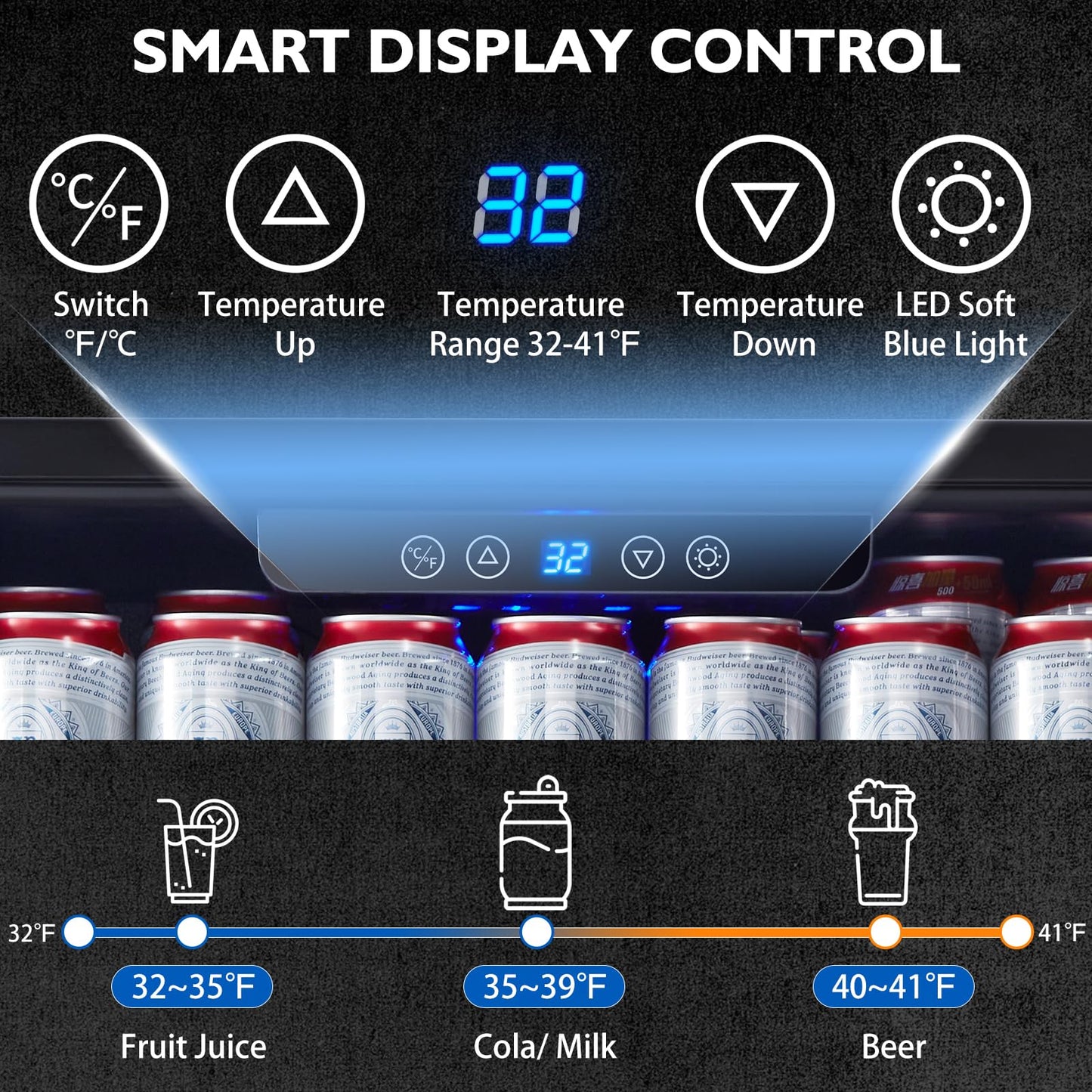 Kalamera 24 inch Stainless Steel Beverage Refrigerator, Under Counter Beverage Cooler for 154 Cans with 32-41℉ Temperature Range - Soda and Beer Refrigerator with Soild Stainless Door
