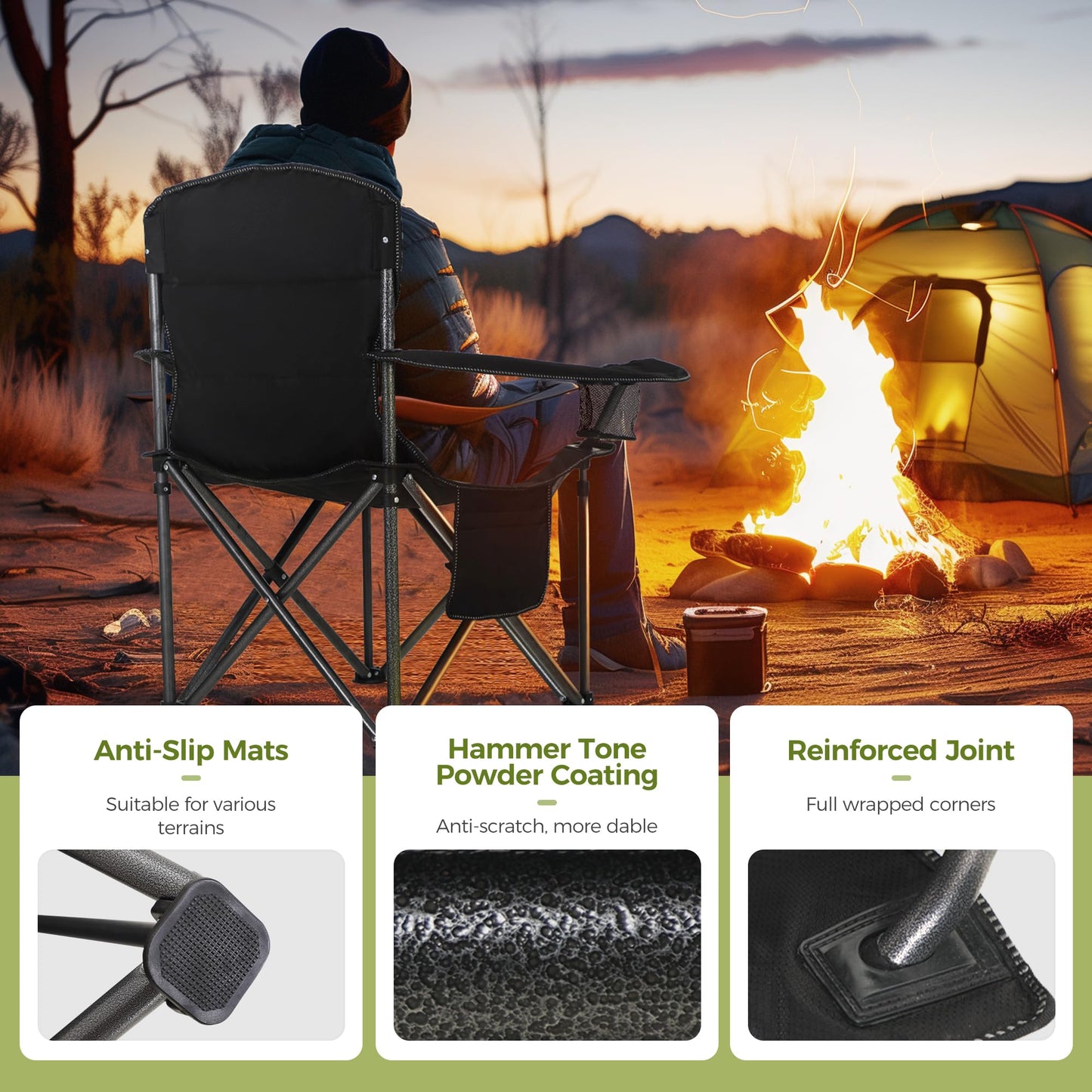 ALPHA CAMP Oversized Camping Chairs 500 LBS Capacity Fully Padded Heavy Duty Lawn Chair for Heavy People, Portable Outdoor Chair with Cooler Bag & Cup Holder for Camping, Fishing, Beach,2PC