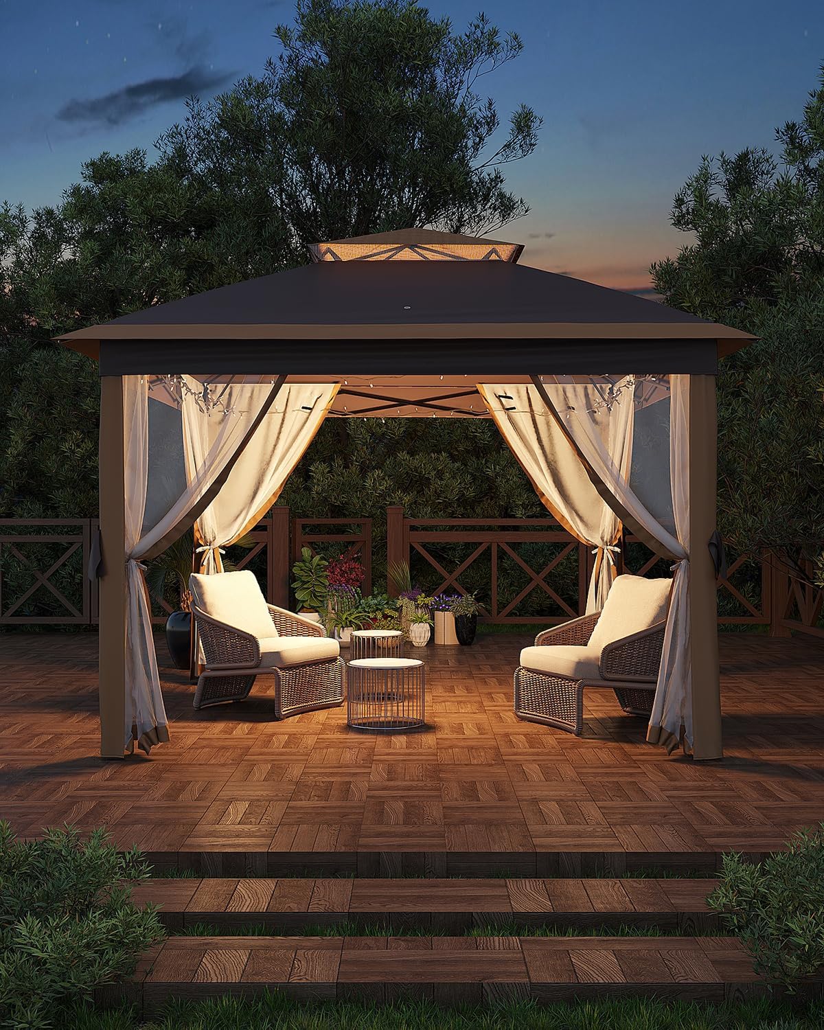 11x11 Pop-Up Gazebo, Instant Outdoor Canopy Tent with Netting, Durable Steel Frame, Water-Resistant Outdoor Gazebo for Patio, Garden, Courtyard, Party, Light Khaki+Dark Khaki