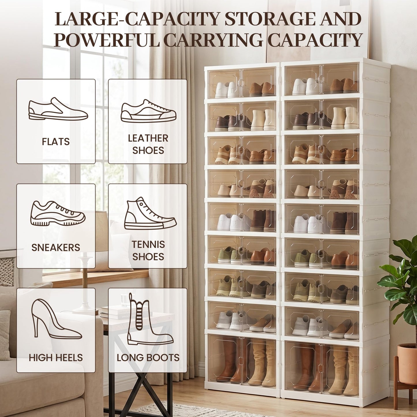 Tykacna Foldable Shoe Rack Organizer with Magnetic Clear Doors, 9 Tier Collapsible Shoe Storage Cabinet, Large Plastic Portable Shoe Box with Wheels for Closet, Entryway, Bedroom, Fits 18 Pairs
