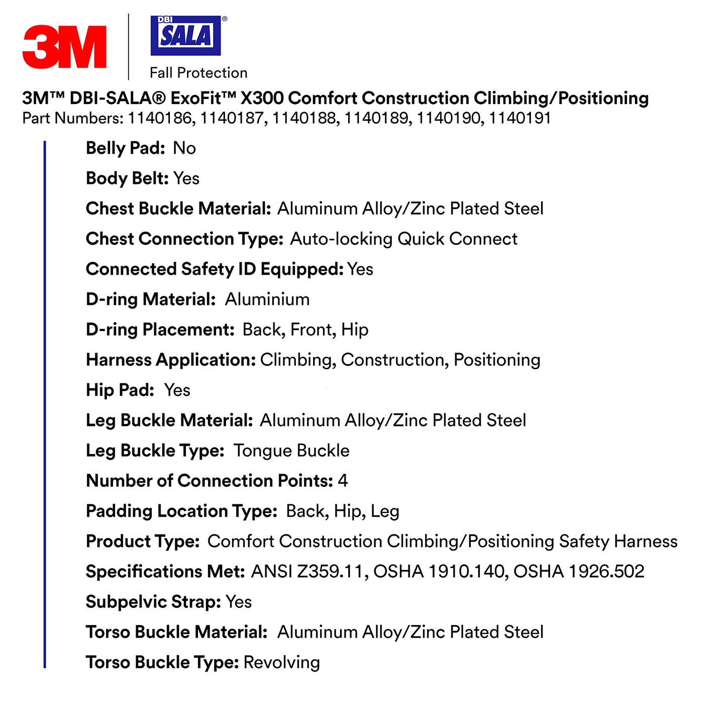 3M 1140188 DBI-SALA ExoFit X300 Comfort Construction Climbing Positioning Safety Harness Fall Protection, Back, Front, Hip D-Rings, Auto-Locking Quick Connect Chest Buckle, Tongue Leg Buckle, Medium