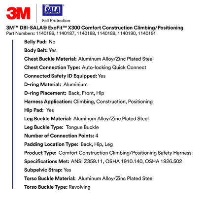 3M 1140188 DBI-SALA ExoFit X300 Comfort Construction Climbing Positioning Safety Harness Fall Protection, Back, Front, Hip D-Rings, Auto-Locking Quick Connect Chest Buckle, Tongue Leg Buckle, Medium