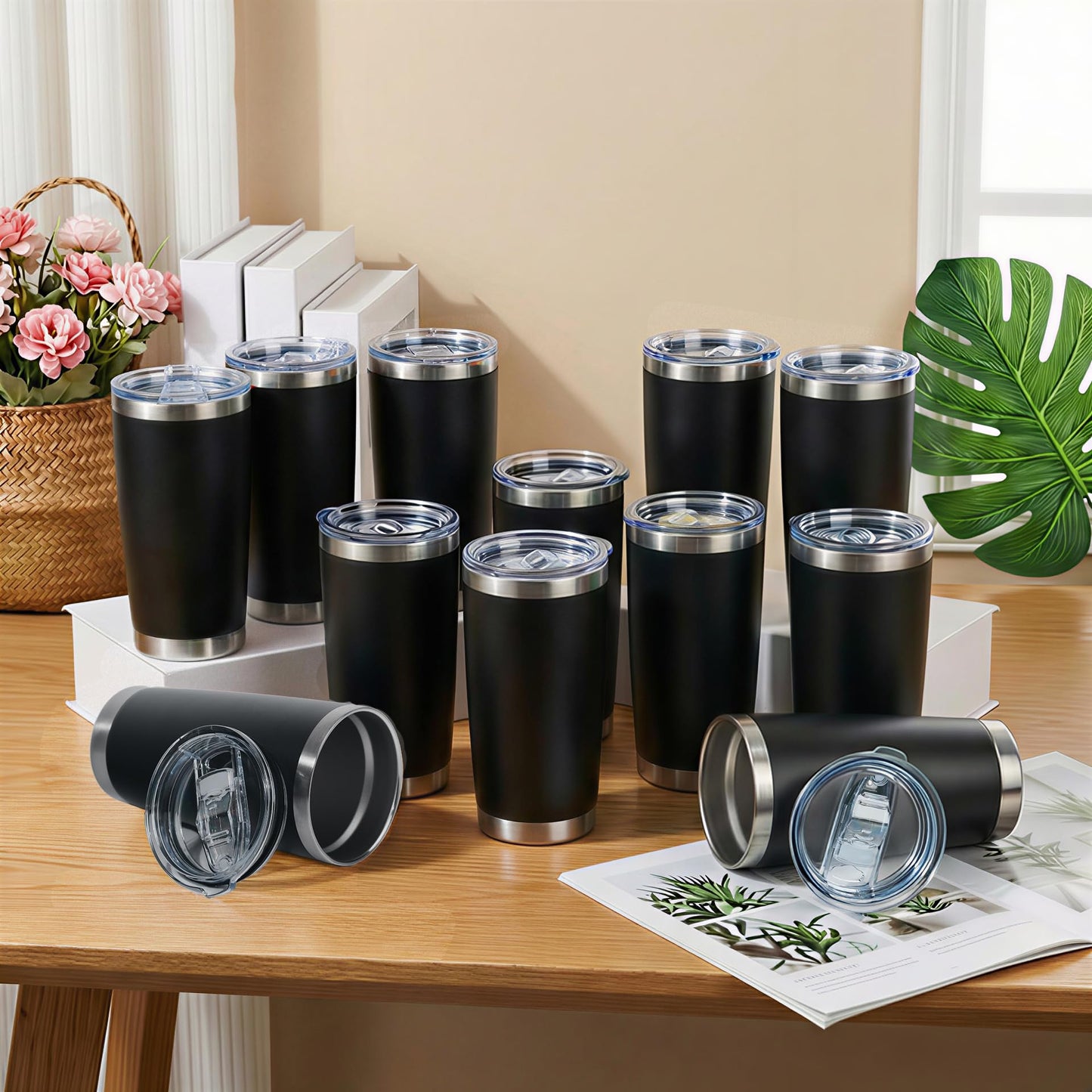 KDJFIIH 24 Pack Black 20oz Stainless Steel Tumblers with Lids & Straws, Double Wall Vacuum Insulated Leakproof Travel Mug for Hot/Cold Drinks, Powder Coated Bulk Cups for Wedding Party Office Gift