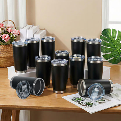 KDJFIIH 24 Pack Black 20oz Stainless Steel Tumblers with Lids & Straws, Double Wall Vacuum Insulated Leakproof Travel Mug for Hot/Cold Drinks, Powder Coated Bulk Cups for Wedding Party Office Gift